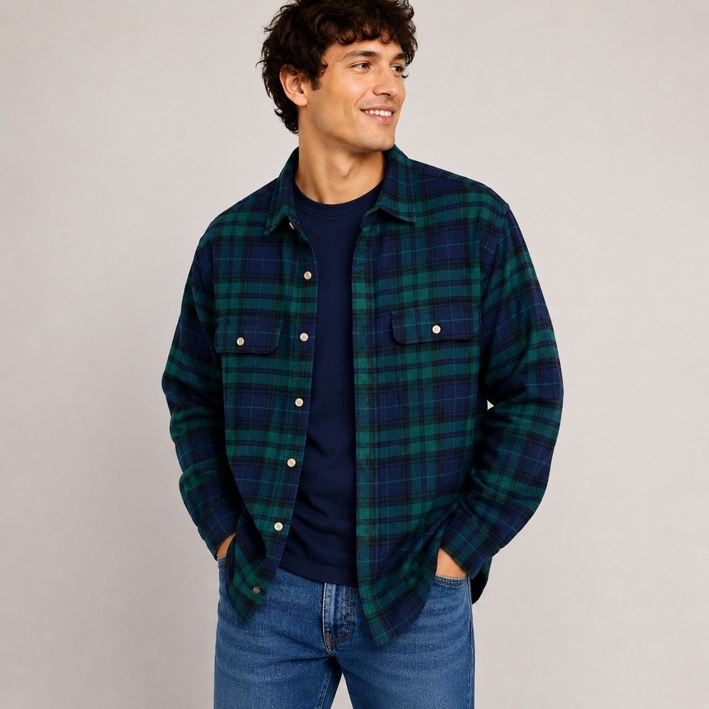 Old Navy Flannel Shirt Men XL Green Blue Black Watch Plaid Tartan Double Brushed